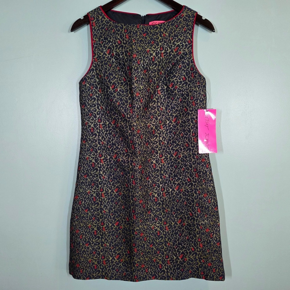 Betsey Johnson Women Metallic Leopard Brocade Shift Dress Gold Red Black 6 4N033